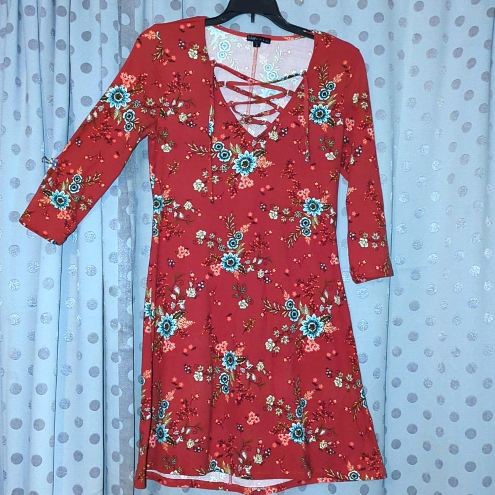 BEBOP Floral Mini Dress with Strappy V-Neck Small